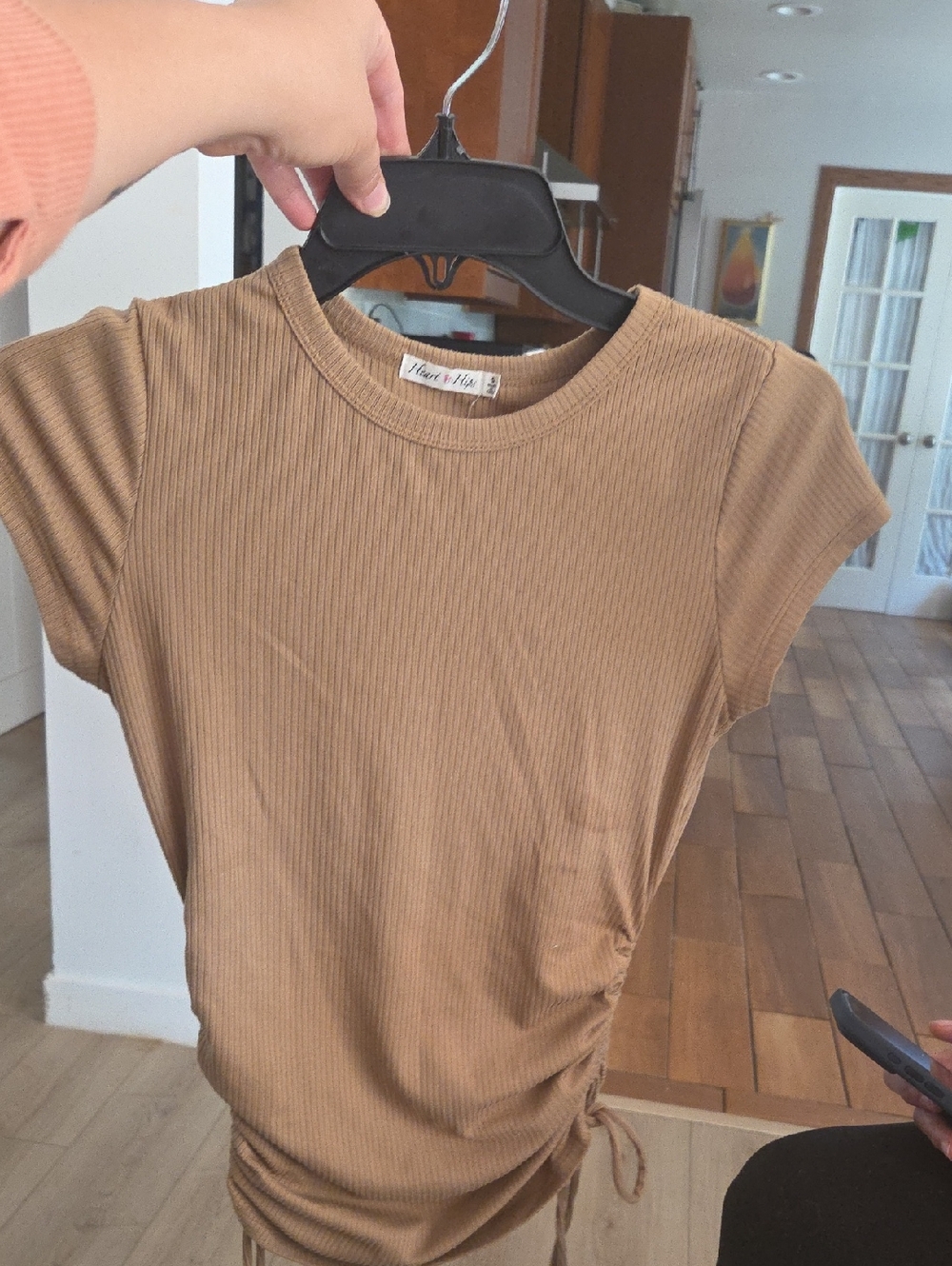 Heart & Hips Ribbed Short Sleeve Side-Tie Top in Camel